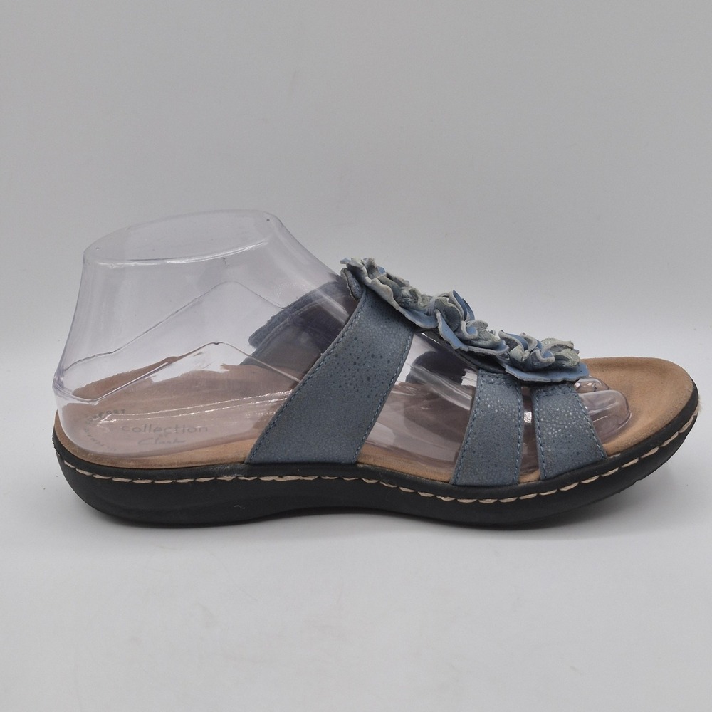 Clarks Collection Sandals Womens Size 7 Blue Suede Slide Flower Wedge Comfort - Picture 3 of 12